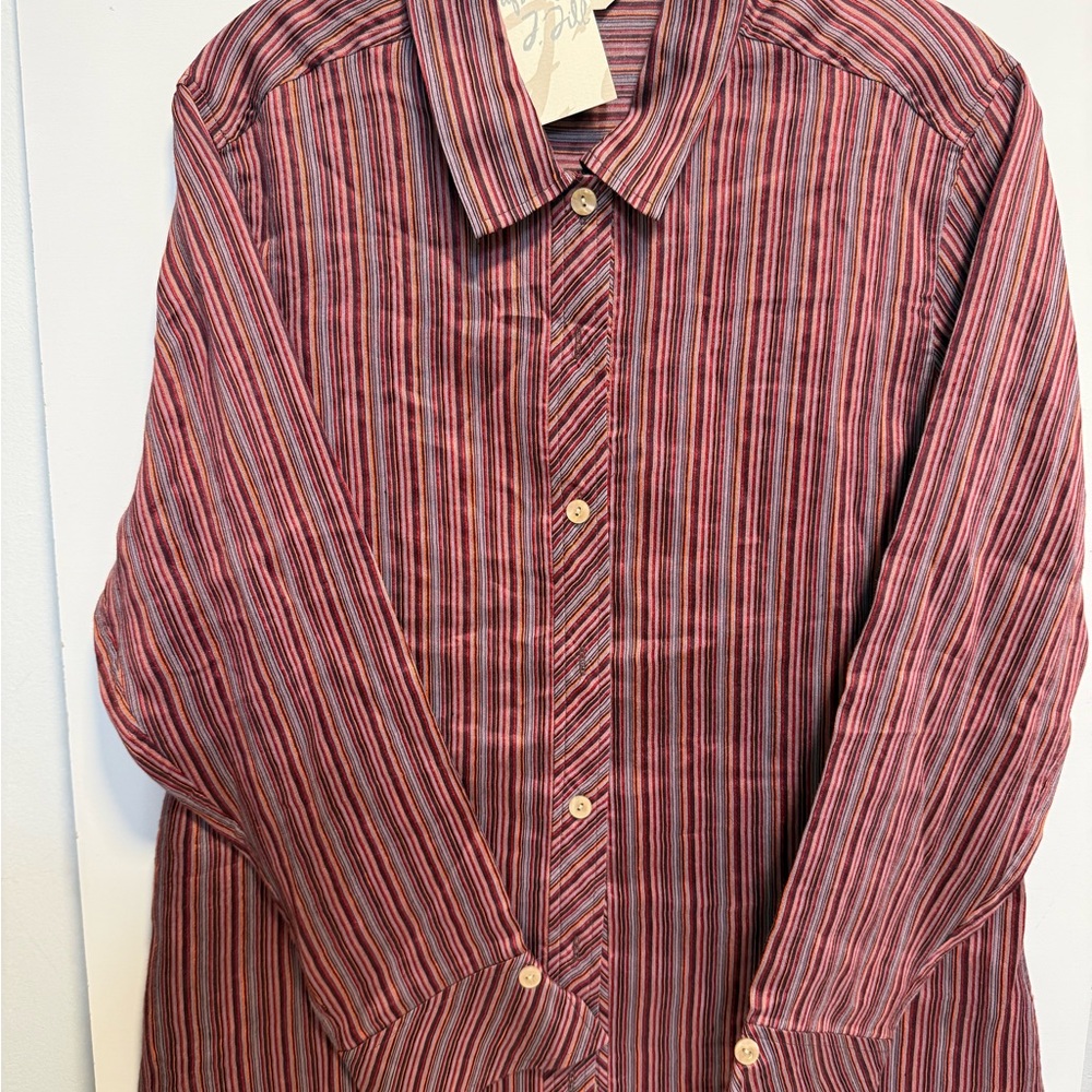 J Jill Button Up Shirt Women M .Multicolor Striped Linen Nylon Blend Long Sleeve